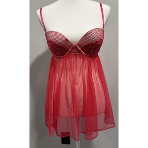 Victoria Secret Lingerie Babydoll 34C Red Push Up Lace Sheer Underwire